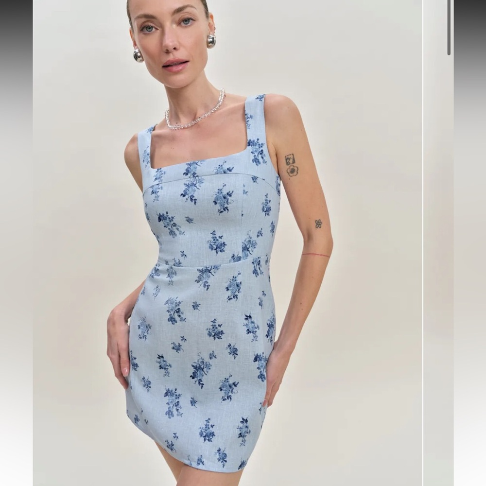 NWT Reformation Blue Floral 100% Linen Celosia Dress Size 10